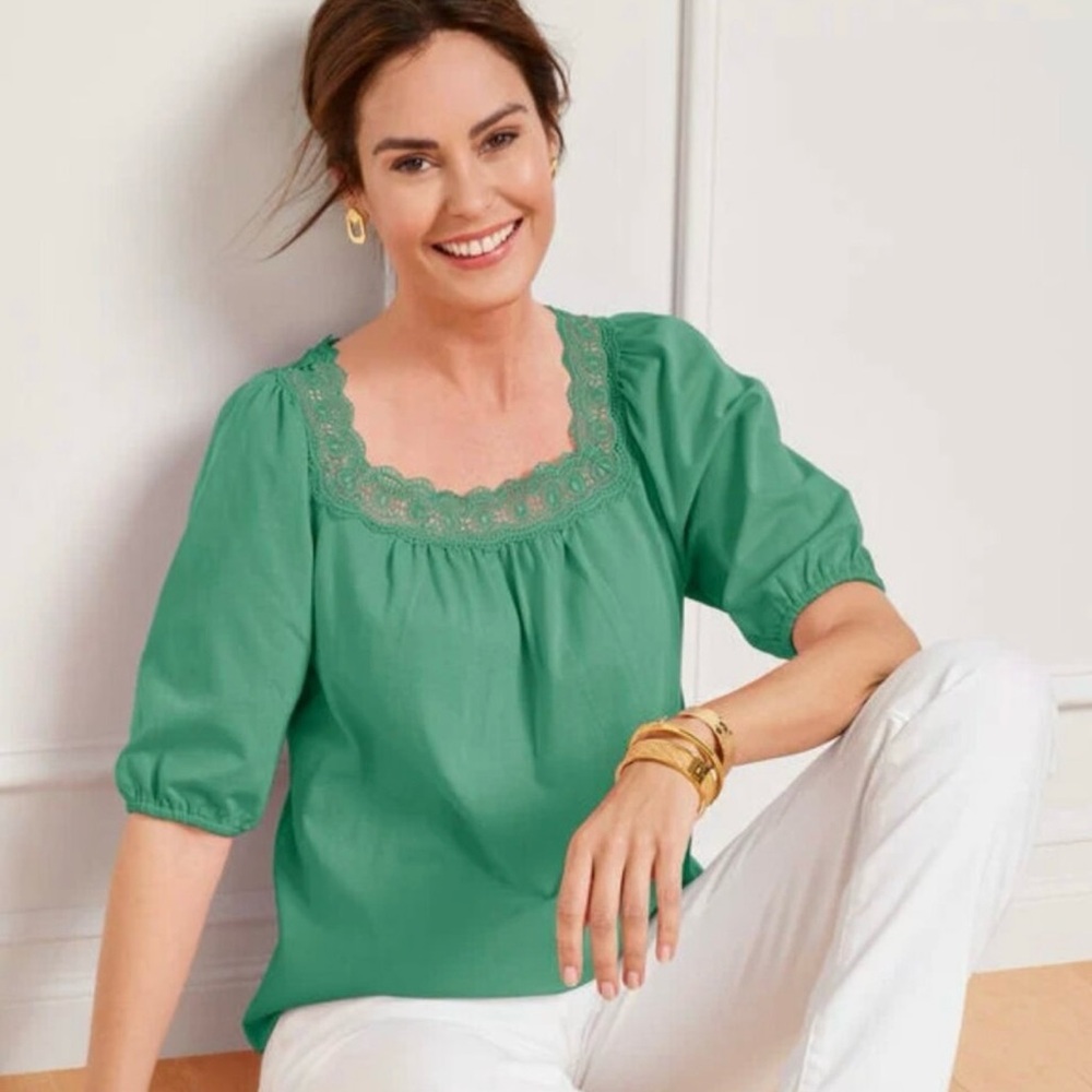 Talbots Green‎ Lace Trim Top